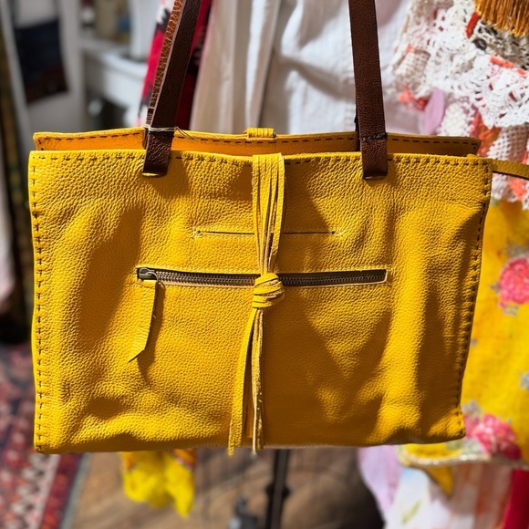 Vibrant Yellow Tote with Brown Straps - Picture 1 of 6